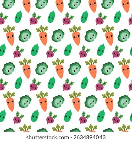 Cute vegetables seamless pattern. Vegetables with cute faces. Kawaii veggies.