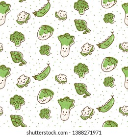 Cute vegetables seamless pattern in kawaii doodle style vector illustration