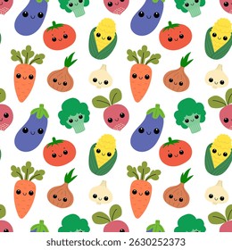 Legumes bonitos sem costura padrão. Vegetais sorridentes com rostos kawaii.