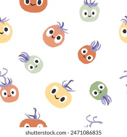 Cute vegetables seamless pattern. Vector cartoon childich background with smiling vege characters. Colorfull tomatoes on a white background.