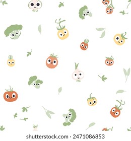 Cute vegetables seamless pattern. Vector cartoon childich background with smiling vege characters in simple hand-drawn style. Pastel colors tomatoes, broccoli, onion, green leaves on white background