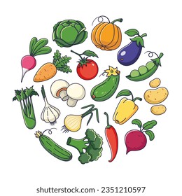 Cute vegetables set in cartoon style. Outline Vegetables collection. Veggies icons, stickers, mascots. Vector illustration isolated on white background.