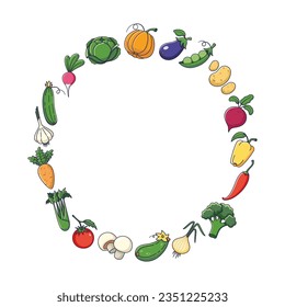 Cute vegetables set in cartoon style. Decorative round frame. Outline Vegetables collection. Vector illustration isolated on white background. Circle border.