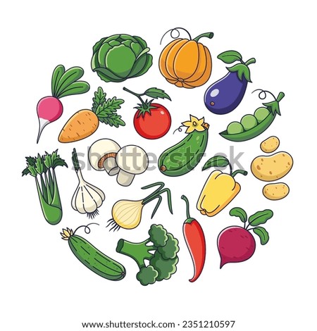 Cute vegetables set in cartoon style. Outline Vegetables collection. Veggies icons, stickers, mascots. Vector illustration isolated on white background.