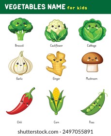 A cute vegetables set includes charming, animated veggies like garlic, chili, and broccoli. It's perfect for making healthy eating fun and appealing to kids.