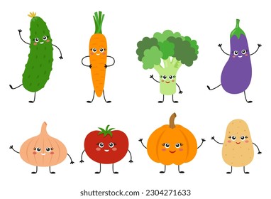 Cute vegetables set with smiling faces. Fresh and healthy food symbol. Funny broccoli, tomato, carrot, onion, potato, pumpkin, eggplant and cucumber. Vector illustration on white background.