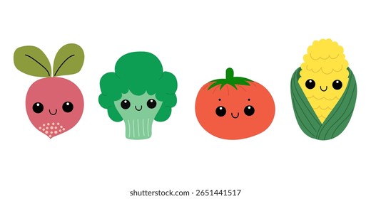 Cute vegetables set with smiling faces on white background.