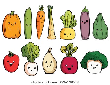 Cute vegetables set vector, Vegetables with face, cartoon hand drawn vegetables collection. Kids funny illustration