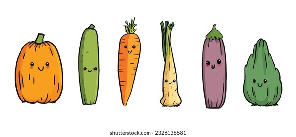 Cute vegetables set vector, vegetable characters with face. cartoon hand drawn vegetables collection. vegetables including carrot, leeks, pumpkin, brinjal, cucumber, etc.