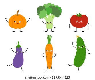 Verduras cortas con caras sonrientes. Mercado de granjeros locales o símbolo de comida fresca saludable. Calabaza divertida, brócoli, tomate, berenjena, zanahoria y pepino. Ilustración vectorial sobre fondo blanco.