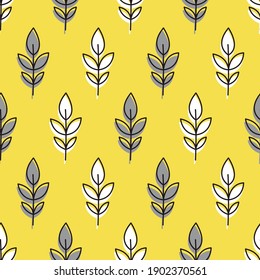 Cute vegetal seamless pattern in white, yellow and gray colors of the year 2021. Trendy vegetal pattern with sprigs and leaves with black outline on bright yellow background. Vector illustration