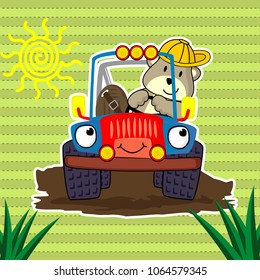 cute vehicle with animals head, vector cartoon illustration