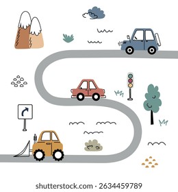 Cute Vehicle Illustration with Mountains and Trees.  Three  cars driving along a curvy road with traffic signs, trees, mountains, and clouds in a playful illustrated style