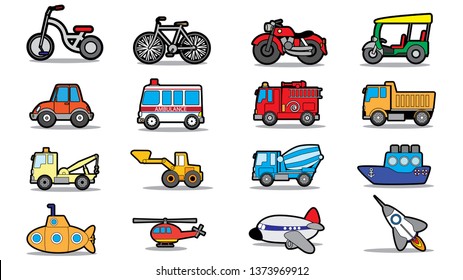 Cute vehicle types in sticker style on square graphic background. In vector format.