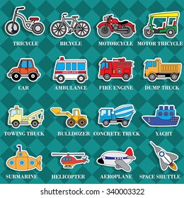 Cute vehicle types in sticker style on square graphic background. In vector format.