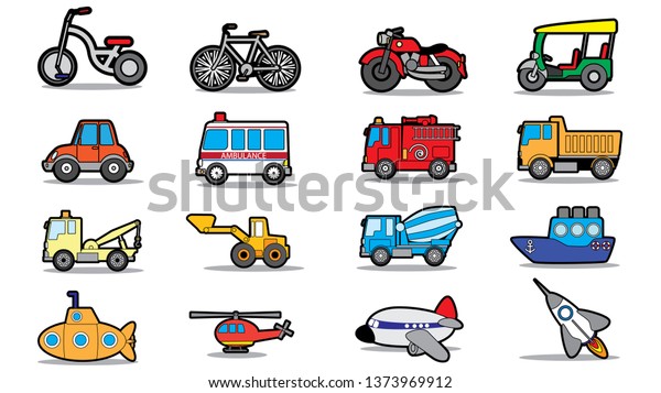 Cute vehicle types in sticker style on\
square graphic background. In vector\
format.