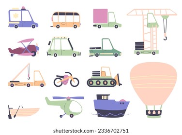 Cute vehicles. Cartoon colorful automobile and transport vehicles, funny kid and family cars transport, taxi bus pickup truck sedan automobile transport. Vector isolated set. Hot air balloon, ship