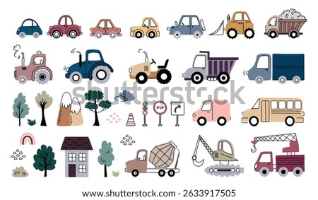 Cute  Vehicles and Construction Icons Set.  Set of hand-drawn cars, trucks, tractors, construction vehicles, road signs, trees, and buildings in playful doodle style