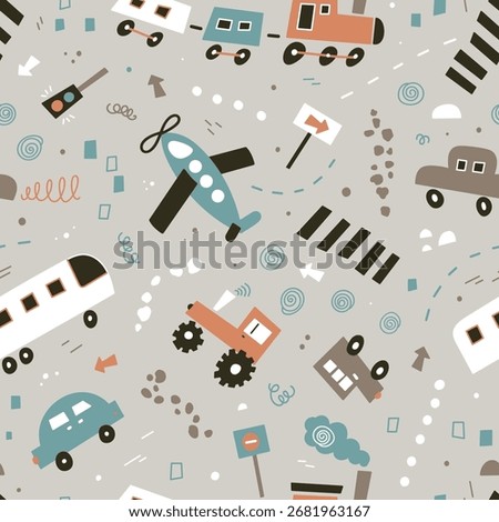 Cute Vehicles and Road Signs Seamless Vector Pattern. Playful earth-toned background with cars, train, airplane, and bus for kids room wallpaper and textile design