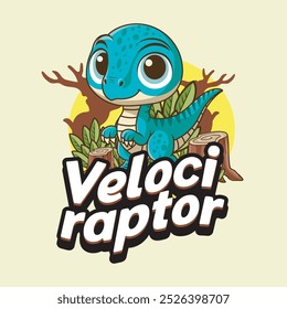 Personagem de Dinossauro de Velociraptor Bonito Mascote em Desenhado à Mão Desenhado Vetor Desenho de Ilustração Design para criança, adesivo, crachá, patch, banner, cartão de saudação, convite