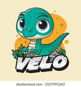 Personagem de Dinossauro de Velociraptor Bonito Mascote em Desenhado à Mão Desenhado Vetor Desenho de Ilustração Design para criança, adesivo, crachá, patch, banner, cartão de saudação, convite