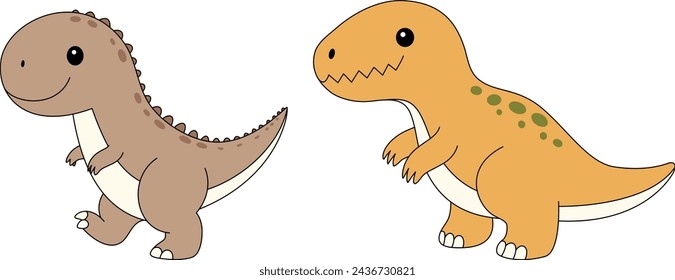 Nette Velociraptor und Tyrannosaurus Rex Dinosaurier Illustration. Nette flache Dinosaurier isoliert auf weißem Hintergrund