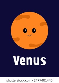cute venus planet kids vector illustration, solar system educational card for teaching, home shool, primary school and kindergarten. Printable space themed card on dark background