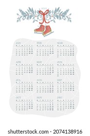 Cute vertical 2025 printable vector calendar printable tamplate with wtreath and red ice skates