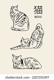 Cute vertical abstract poster in retro asian style with cats for your poster, flyer or banner (Japanese text translation: cat).