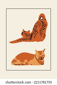Cute vertical abstract poster in retro asian style with cats for your poster, flyer or banner, vector illustration.