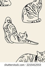 Cute vertical abstract poster in retro asian style with cats for your poster, flyer or banner, vector illustration.