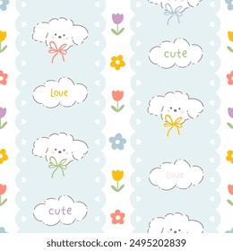 Cute vertical border vector seamless pattern, kawaii poodle puppy dog and flowers. Hand-drawn animal character in a simple cartoon style, pastel palette for baby prints, clothes, textiles, wallpapers