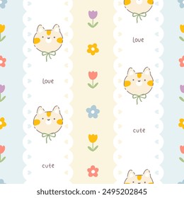 Lindo Vertical borde Vector sin patrón, kawaii gato y flores. Personaje animal dibujado a mano en un estilo de dibujos animados simple en una paleta pastel para estampados de bebé, ropa, textiles, Fondos de pantalla