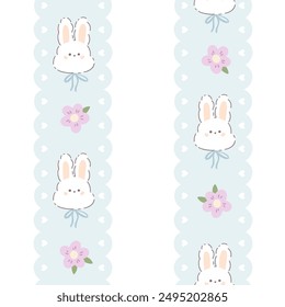 Lindo Vector de borde de Vertical sin patrón, conejo de conejo kawaii y flores. Personaje animal dibujado a mano en un estilo de dibujos animados simple en una paleta pastel para estampados de bebé, ropa, textiles, Fondos de pantalla