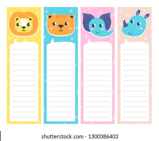 Cute vertical cards with animal in cartoon style. Template for card, bookmark, banner. Tags with place for text. Vector illustration, stamp texture.