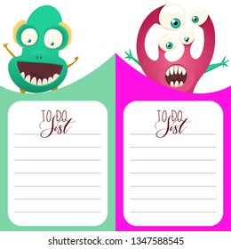 Cute vertical cards with Monsters in cartoon style. Template for card, bookmark, banner. To do List with place for text. Vector illustration.