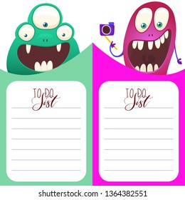 Cute vertical cards with Monsters in cartoon style. Template for card, bookmark, banner. To do List with place for text. Vector illustration.