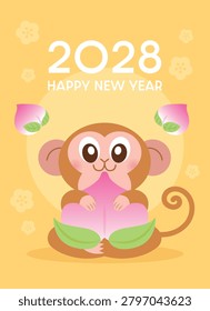 Cute vertical greetings card template for New Year of the Monkey 2028. Cartoon baby monkey holding a peach.