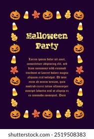 Modelo de convite de festa de Halloween de retângulo vertical bonito, design de borda de quadro com jack o lanterna, abóboras, milho doce. Ilustração de vetor de banner de mídia social.