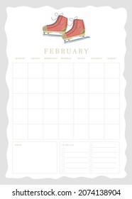 Cute vertical vector undate empty February planner temple page with notes and to do checkbox list and cute christmas ice skates illustration