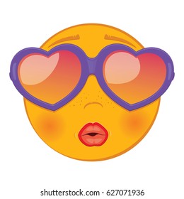 Cute very happy and lovely emoticon. In a sunglass in the form of a heart. Vector Illustration
