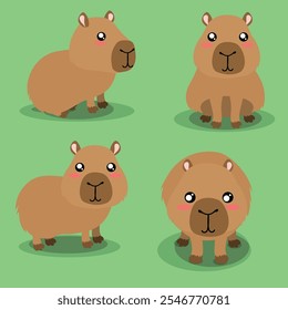 Lindo capibara muy tierno con cuatro poses diferentes Ilustración vectorial editable