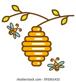 Cute vespiary hanging on branch with bees line isolated vector icon.