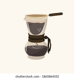 Cute vessel with filter coffee maker. Poster for a cafe with a flavored drink in the kitchen. Cute coffee vessel: cappuccino, morning, latte, espresso, black in flat style. Vector illustration. Vector