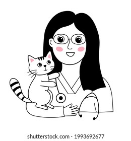 Cute vet girl with a kitten in her hands. Vector illustration in doodle style. Perfect for articles or advertising of a veterinary clinic