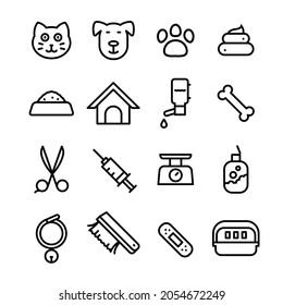 Cute vet icon set. simple line icons of pets, toys and veterinary equipment.