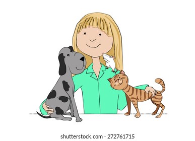 Cute veterinarian girl with dog, cat and rat.