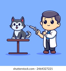 Cute Veterinarian Injecting Husky Dog Cartoon Vector Icon Illustration. People Healthcare Icon Concept Isolated Premium Vector. Flat Cartoon Style