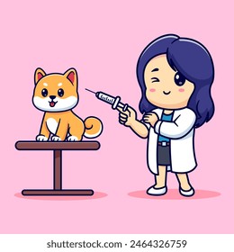 Lindo Veterinario Inyectando Shiba Inu Perro Dibujos Animados Vector Ilustración. Personas Healthcare Icon Concept Vector Premium aislado. Estilo plano de dibujos animados