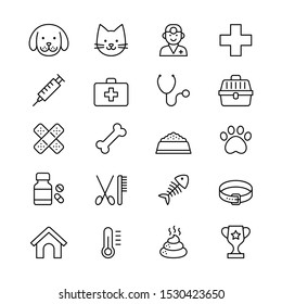 Cute veterinary icon set, Vet clinic equipment symbol sign, Outline stroke simple flat design on white background, Vector illustration